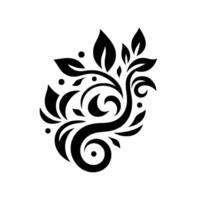 A symmetrical black and white stylized botanical featuring swirling patterns, leaves, and small circular accents on a white background. vector