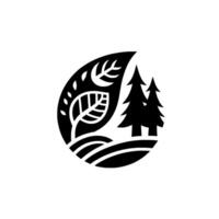 Minimalist black and white nature featuring stylized leaves, pine trees, and rolling hills within a circular frame, conveying simplicity and tranquility. vector