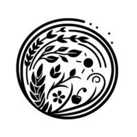 Monochromatic Circular Emblem Wheat, Leaves, Sun, Cherry, and Floral Elements in Black and White, with Decorative Outlines vector