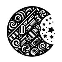 Black and white circular illustration of sweets and candy surrounding a crescent moon with stars and dots. vector