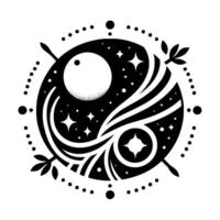 Mystical Celestial Yin Yang Moon, Stars, Cosmic Flow, and Delicate Foliage in Black and White. vector