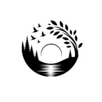 Silhouette of a natural scene within a circle, featuring birds, trees, water, and a sun against a white backdrop, evoking tranquility. vector