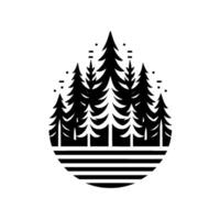 Minimalist black and white illustration of a forest scene, trees inside a tear dropshaped frame, with a striped base and dots above. vector