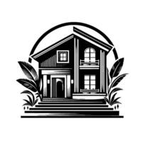 Elegant Black and White Architectural Illustration of a TwoStory House with Botanical Accents, Set Under a Circular Frame vector
