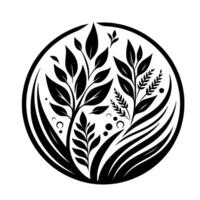 Intricate black and white botanical illustration within a circular frame, depicting leaves, grass, and delicate plant life for a minimalist . vector