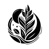 Abstract Black and White NatureInspired Emblem Featuring Leaves, Orbs, and a Curvilinear Composition. vector