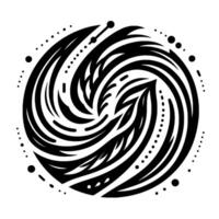 Circular, Black and White Illustration Swirling, Featherlike Shapes and Dot Accents Within a Concentric Circle, Isolated on White Background vector