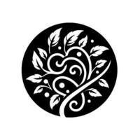 Black and White Circular of a Stylized Tree with Leafy Branches and Swirling Vines. vector