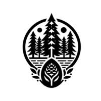 Intricate Black and White Illustration of a Forest Scene Enclosed in a Circular and Oval Decorative Emblem. vector