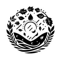 Minimalist Circular Sun, Water Drop, Leaves, and a Smiling Whale within a Decorative Laurel Wreath vector