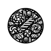Black White Circular Arrangement of Various Candies, Lollipops, and Swirls, Intricate vector