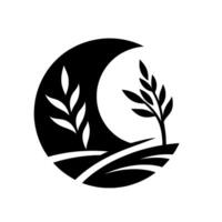Abstract monochrome featuring a stylized moon, fields, and wheat, evoking natures tranquility and growth. vector