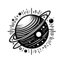 Black and white illustrative artwork featuring a stylized planet with rings surrounded by stars, dots and cosmic lines, creating a whimsical, minimalist space . vector