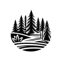 Black and white circular illustration of a forest scene with pine trees, vegetation, and a simplified landscape , creating a natureinspired . vector