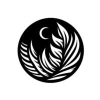 Abstract black circle illustration depicting stylized foliage, crescent moon, and a serene, monochromatic aesthetic, suitable for . vector
