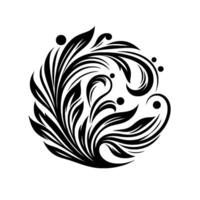 Symmetrical Black and White Floral Swirl with Leafy Elements, Dots, and Elegant Curls on a Clean White Background. vector