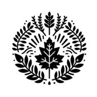 Black and white circular emblem features a central maple leaf radiating with stylized botanical elements, illustrating natures elegance. vector
