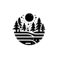 Silhouette of a serene forest scene enclosed in a circular frame, featuring stylized fir trees, a large full moon, rolling hills, and scattered dots, rendered in minimalist black and white. vector
