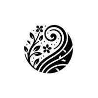 Minimalist Black and White Floral Emblem in a Circular , Featuring a Branch, Swirl, and Dots. vector