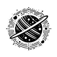 Black and white minimalist illustration of a celestial body with a prominent ring, surrounded by stars and celestial elements, in a circular . vector