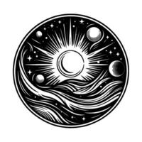 Celestial Diagram A stylized black and white circular artwork depicting a radiant sun with emanating rays, planets, stars, and wavy elements, suggesting a cosmic . vector