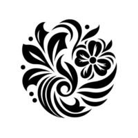 Elegant Black and White Floral Composition in a Circular Arrangement Featuring a Flower, Leaves, and Decorative Swirls on a Clean White Background. vector