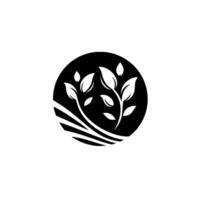 Monochrome featuring stylized white leaf branches emerging from a black circular backdrop, set against a white background. vector