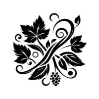Elegant Black and White Illustration Stylized Grapevine with Leaves, Spirals, and Grape Bunch, Minimalist . vector