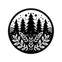 Circular silhouette of a forest scene, featuring silhouetted pine trees beneath a starry sky and leafy garland in a minimalist, style. vector