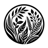 Black and white circular botanical illustration featuring an array of stylized leaves, wheat, and berries, creating a balanced and elegant . vector