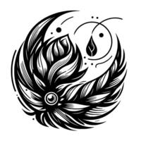 Circular Black and White Illustration of a Stylized Floral with Feathered Elements, Dots and Drop vector