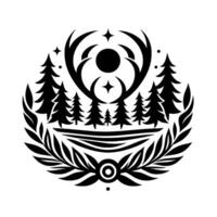 Stylized Black White Nature Emblem Forest Scene with Celestial Elements Encircled by a Laurel Wreath, Minimalist . vector
