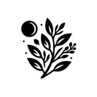 Minimalist Black and White Nature Illustration Branch with Leaves, Berries, and Crescent Moon Motif, on White Background. vector