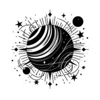 Black White Celestial Illustration Stylized Planet with Swirling Bands, Starry Orbits, and Geometric Burst vector