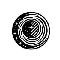A minimalist black and white depicting a star and striped core encircled by a swirling pattern of stars and celestial lines. vector
