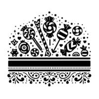 Artistic Black and White Arrangement of Candy, Lollipops, and Ornamental Elements on White Background. vector