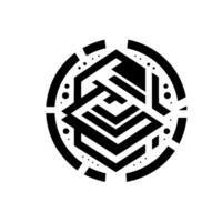 Bold, Black and White Geometric Symbol Featuring a Cubical Core within a Circular Frame, Illustrating Modern Abstraction. vector
