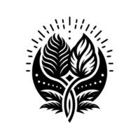 Black and white stylized botanical illustration symmetrical leaves within an illuminated crescent moon , evoking natures harmony. vector