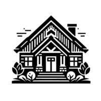 Black and White Geometric Illustration of a House with a Gable Roof, Chimney, and Landscaping Elements on a Light Background. vector