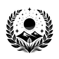 A minimalist black and white circular emblem of mountains, sun, stars, and foliage within a laurel wreath border on a white background. vector