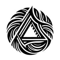 A symmetrical black and white geometric tribal artwork featuring a triangle within a circle of stylized feathers, on white background. vector