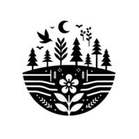 Stylized Black and White Illustration Crescent Moon, Birds, Forest, Flower, and Landscape Elements in a Circular . vector