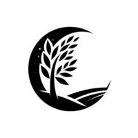 Black and White Minimalist Tree within a crescent moon, suggestive of nature, fields and a serene night landscape, a emblem. vector