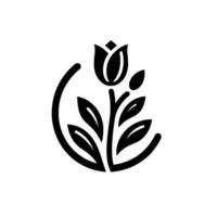 Minimalist Black and White a stylized tulip with leaves, encompassed by a subtle semicircle on a white background, evoking natures elegance. vector