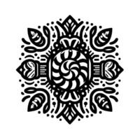 Symmetrical black and white circular with a spiral core, surrounded by stylized floral and geometric elements. vector