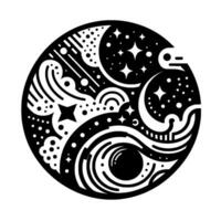 Monochrome Celestial Spherical Composition with Stars, Moons, and Abstract WaveEye Elements in a YinYang Inspired . vector