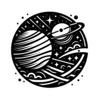 Black and white circular illustration of planets and stars, an artistic representation of outer space, stylized, with lines and patterns. vector