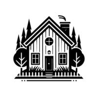 A Vectorized Black and White Country House with Trees, Fence, and a Simplistic Yet Charming , Emphasizing Harmony and Natures Embrace. vector