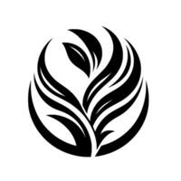 A stylized, symmetrical black and white floral emblem within a circle, featuring layered leaves and a minimalist aesthetic. vector