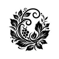 Circular, Black and White Floral Featuring Leaves, Grape Cluster, Swirls, and Ornamental, symmetrical arrangement on a plain background. vector